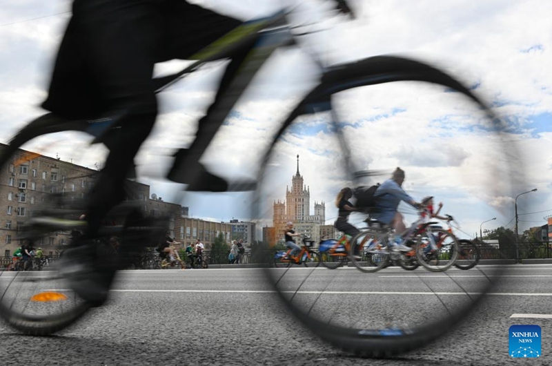 People ride bicycles during a spring bicycle festival in Moscow, Russia, May 24, 2026. The spring bicycle festival aimed to promote an eco-friendly and healthy lifestyle. (Photo by Alexander Zemlianichenko Jr/Xinhua)