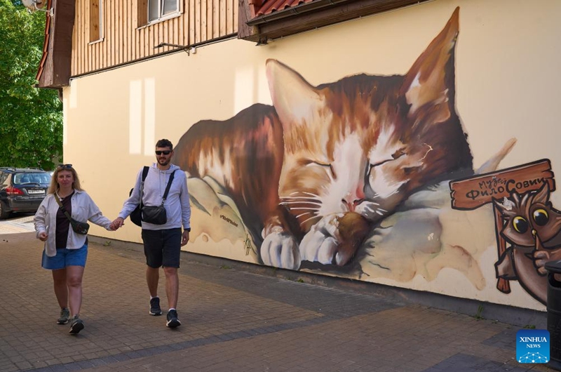 This photo taken on May 24, 2026 shows a cat graffito in Zelenogradsk, Russia. Zelenogradsk is a tourist destination known as the Cat City thanks to ubiquitous cat graffiti, cat-patterned manhole covers, cat-decorated buildings, and cat-themed traffic lights. (Photo by Guo Feizhou/Xinhua)