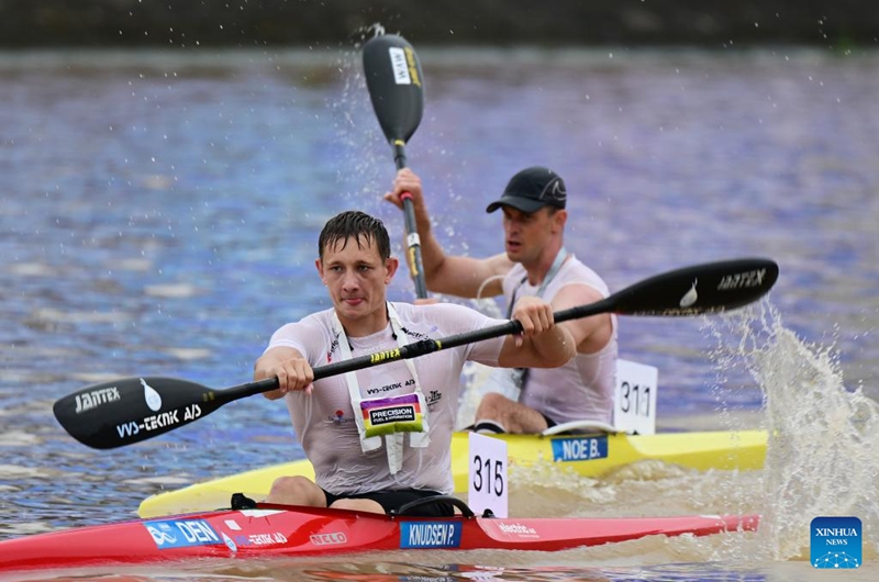 Philip Knudsen of Denmark competes during the K1 men seniors 19km final at the 2026 Canoe Marathon World Cup in Bazhong, southwest China's Sichuan Province, May 24, 2026. (Photo by Zhou Xiaojun/Xinhua)