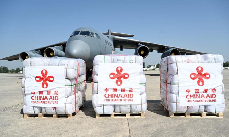Flood relief supplies donated by the Chinese government are pictured in Pakistan's eastern Rawalpindi district, Sept. 28, 2025. Photo: Xinhua