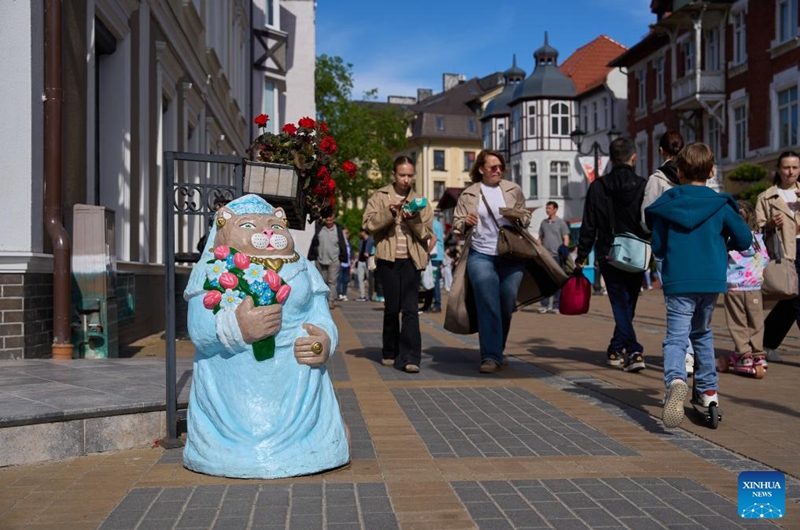 This photo taken on May 24, 2026 shows a cat statue in Zelenogradsk, Russia. Zelenogradsk is a tourist destination known as the Cat City thanks to ubiquitous cat graffiti, cat-patterned manhole covers, cat-decorated buildings, and cat-themed traffic lights. (Photo by Guo Feizhou/Xinhua)