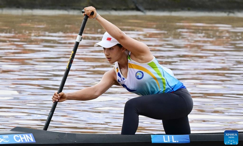 Li Li of China competes during the C1 women seniors 16km final at the 2026 Canoe Marathon World Cup in Bazhong, southwest China's Sichuan Province, May 24, 2026. (Photo by Zhou Xiaojun/Xinhua)