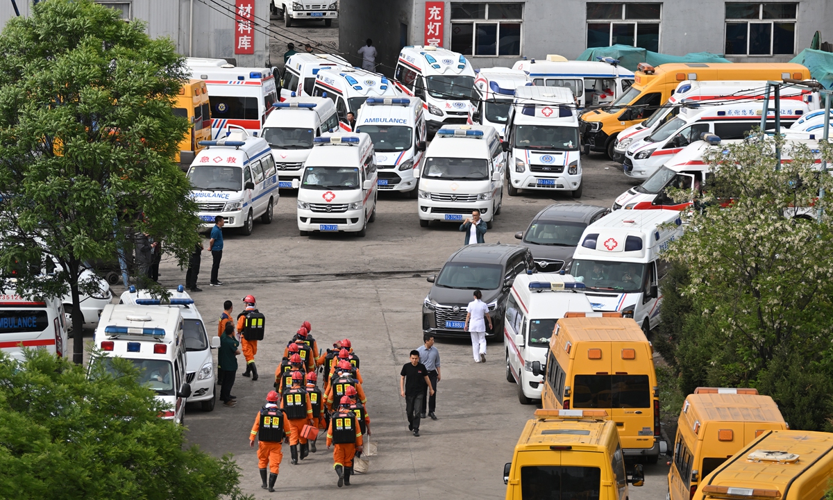 Rescuers work on the site following a gas explosion at the Liushenyu coal mine in Qinyuan county, North China's Shanxi Province, on May 23, 2026. Photo: VCG