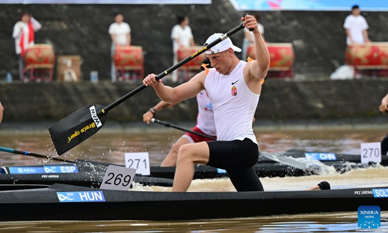 Peter Soltesz of Hungary competes during the C1 men seniors 16km final at the 2026 Canoe Marathon World Cup in Bazhong, southwest China's Sichuan Province, May 24, 2026. (Photo by Zhou Xiaojun/Xinhua)