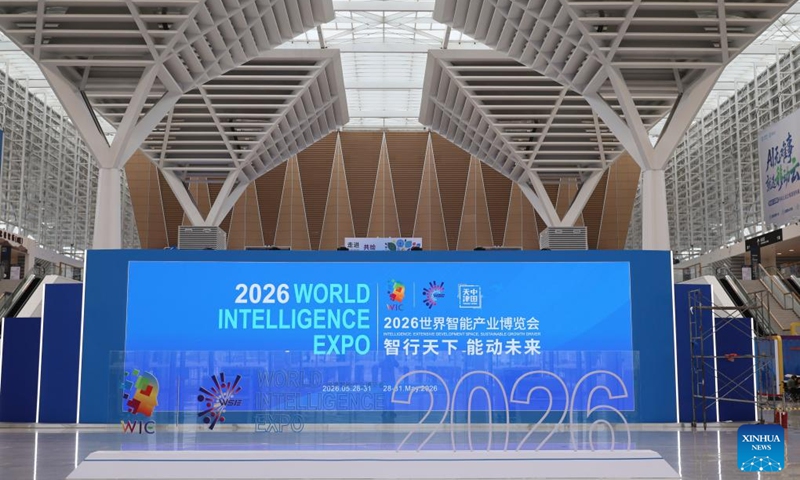 This photo taken on May 26, 2026 shows the site of the 2026 World Intelligent Industry Expo at the National Convention and Exhibition Center (Tianjin) in north China's Tianjin Municipality. The 2026 World Intelligent Industry Expo will be held in Tianjin from May 28 to 31. (Photo: Xinhua)