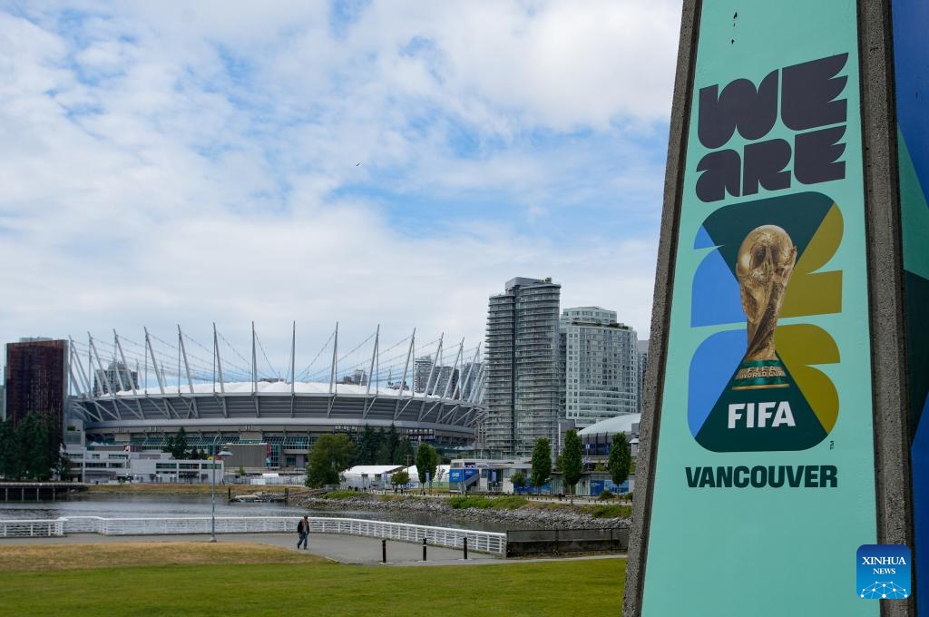 A FIFA World Cup 2026 signage is seen with BC Place visible in the background in Vancouver, Canada, on May 26, 2026. (Photo: Xinhua)