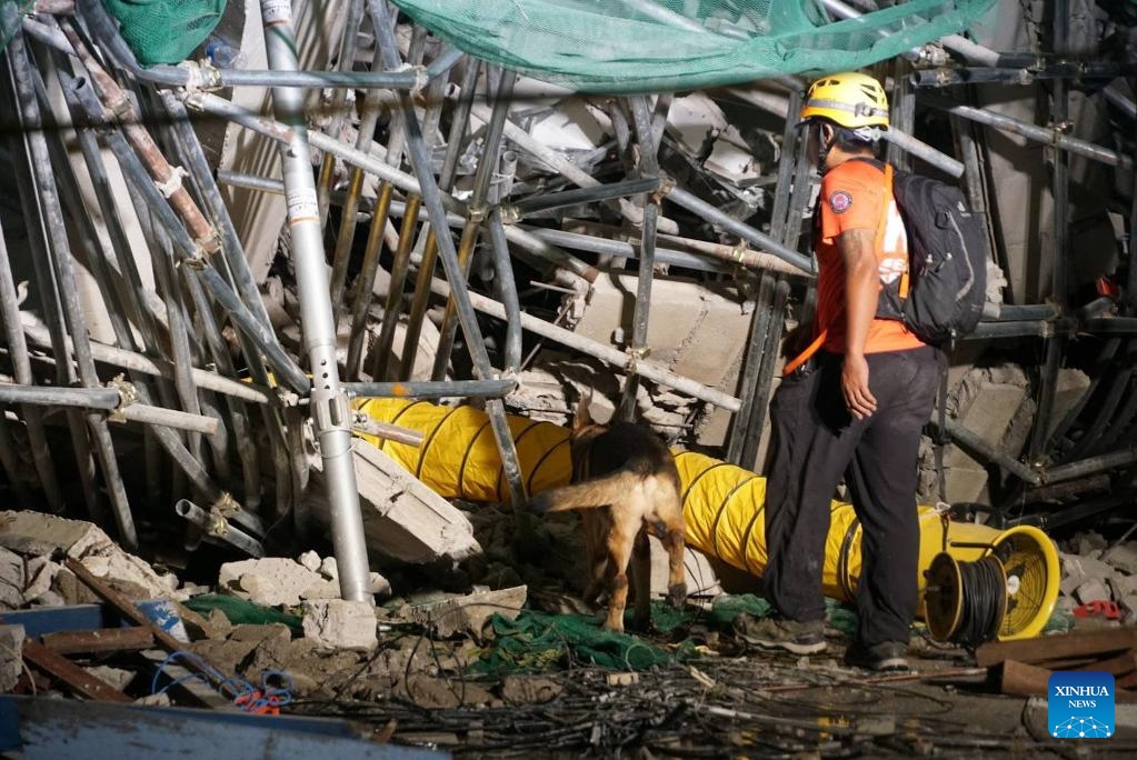 A rescuer searches for survivors with a search and rescue dog at the site of a collapsed building in Angeles City, Pampanga province, the Philippines, May 24, 2026. Four people were confirmed dead after a building collapsed before dawn Sunday in Angeles City in northern Philippines' Pampanga province, as search and rescue operations continue for 17 missing people, authorities said Monday. (Photo: Xinhua)