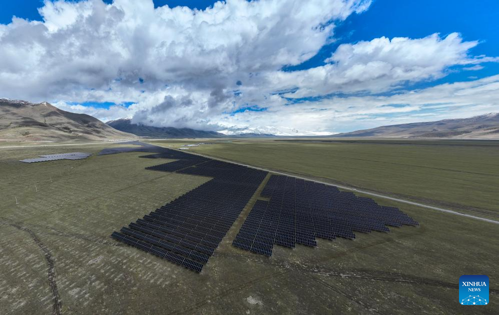 A stitched drone photo taken on May 27, 2026 shows a photovoltaic and photothermal hybrid project in Damxung County of Lhasa, southwest China's Xizang Autonomous Region. The year 2026 marks the 75th anniversary of the peaceful liberation of Xizang Autonomous Region in southwest China. In recent years, the region has stepped up its efforts to develop clean energy, aiming to achieve high-quality development. In 2025, the installed power generation capacity of clean energy in Xizang exceeded 13 million kW. An impressive 99 percent of the region's electricity came from clean energy, the highest in all of China. (Xinhua/Jigme Dorje)