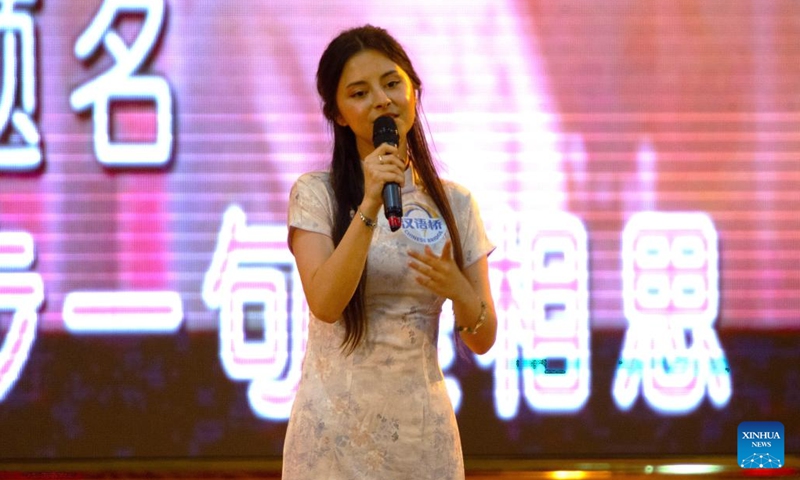 A contestant sings a Chinese song during the final of the 25th Chinese Bridge Chinese Proficiency Competition for Foreign College Students in Azerbaijan in Baku, Azerbaijan, May 25, 2026. The final of the 25th Chinese Bridge Chinese Proficiency Competition for Foreign College Students in Azerbaijan was held on Monday in Baku. (Photo: Xinhua)