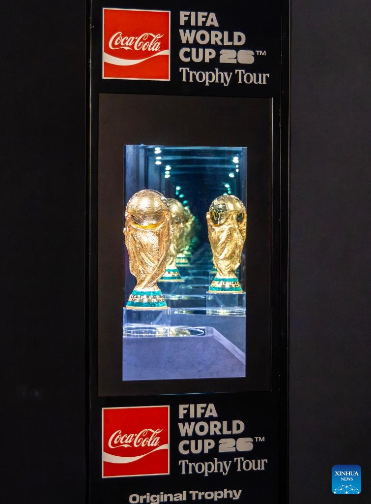 The original FIFA World Cup Trophy on display is seen during the Toronto stop of the FIFA World Cup Trophy Tour at Nathan Phillips Square in Toronto, Canada, on May 26, 2026. (Photo: Xinhua)