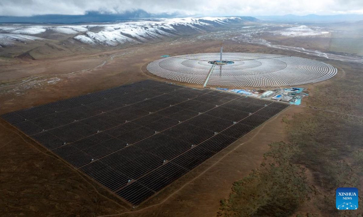 An aerial drone photo taken on May 27, 2026 shows a photovoltaic and photothermal hybrid project in Amdo County of Nagqu, southwest China's Xizang Autonomous Region. The year 2026 marks the 75th anniversary of the peaceful liberation of Xizang Autonomous Region in southwest China. In recent years, the region has stepped up its efforts to develop clean energy, aiming to achieve high-quality development. In 2025, the installed power generation capacity of clean energy in Xizang exceeded 13 million kW. An impressive 99 percent of the region's electricity came from clean energy, the highest in all of China. (Xinhua/Jigme Dorje)