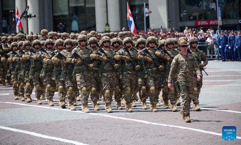 Georgian military personnel march during celebrations to mark Georgia's Independence Day at the Freedom Square in Tbilisi, Georgia, May 26, 2026. (Photo: Xinhua)