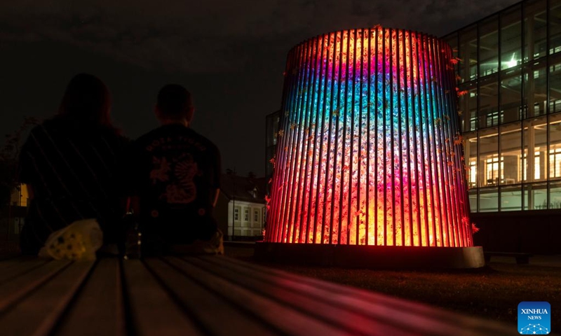 This photo taken on May 26, 2026 shows the lighting installation Tower of Light during the Lighting Guerrilla festival in Ljubljana, Slovenia. (Photo: Xinhua)