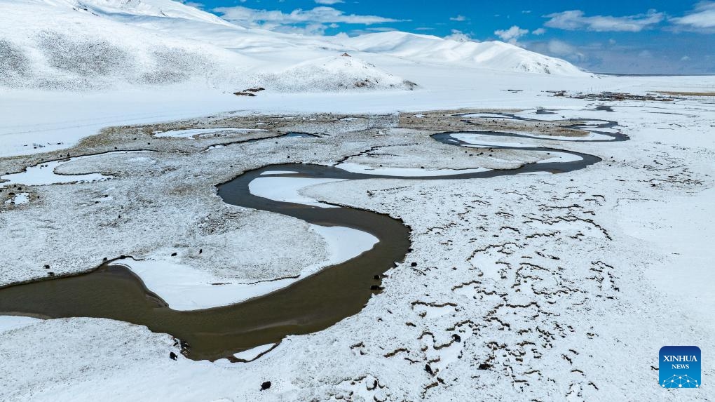 A drone photo taken on May 27, 2026 shows snow scenery of Qiangtang grassland in Nagqu City, southwest China's Xizang Autonomous Region. (Photo: Xinhua)