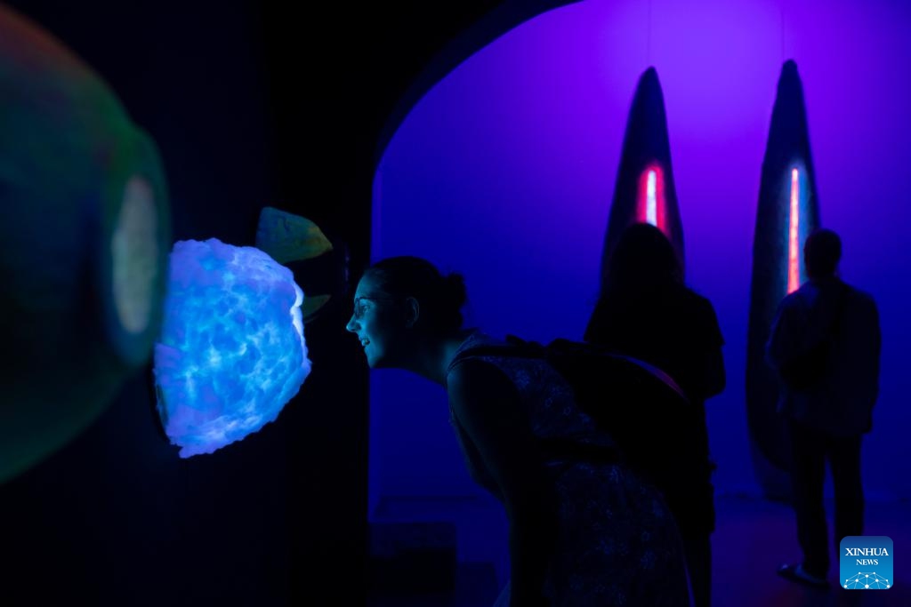 A visitor views a lighting installation during the Lighting Guerrilla festival in Ljubljana, Slovenia, May 26, 2026. (Photo: Xinhua)