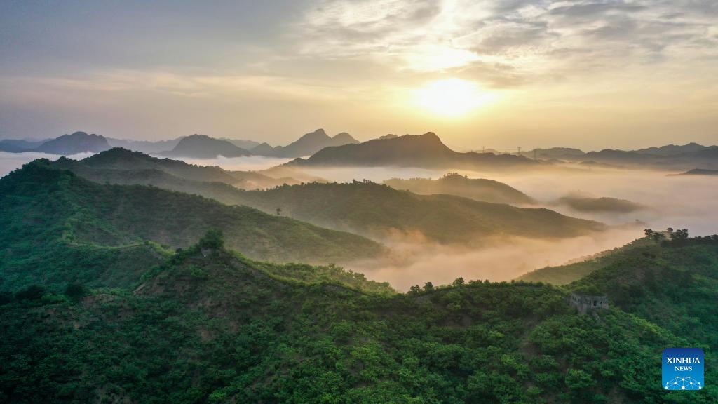 An aerial drone photo taken on May 26, 2026 shows the scenery in the morning at a section of the Great Wall in Zunhua City of north China's Hebei Province. (Photo: Xinhua)