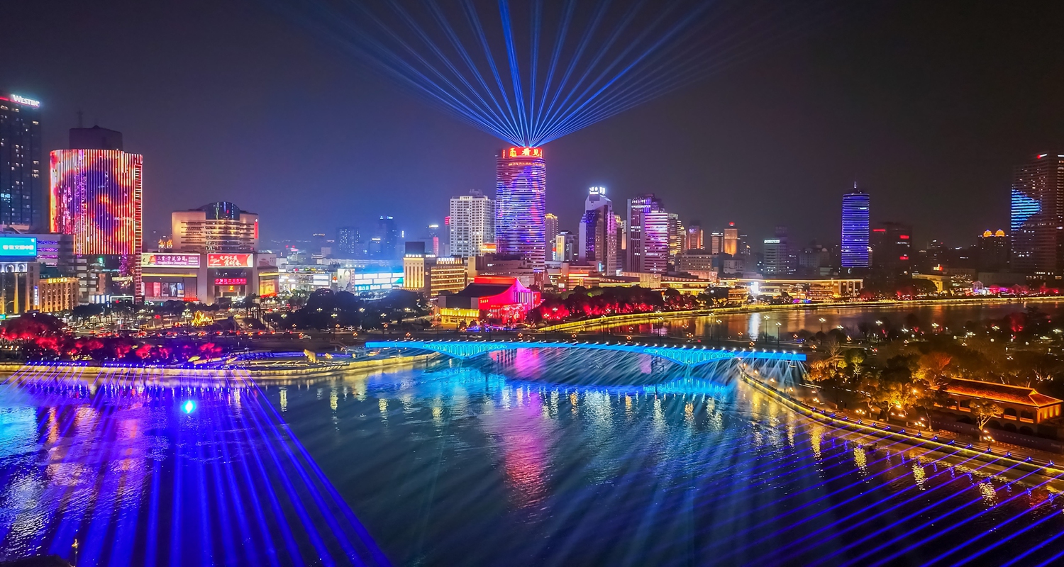Dazzling neon lights and laser beams illuminate the city skyline in Ningbo. Photo: Courtesy of the Ningbo Municipal Facilities Center 