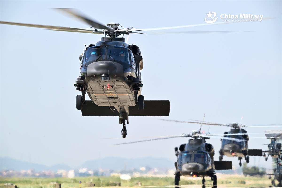 Z-20 utility helicopters attached to a brigade under the Chinese PLA 73rd Group Army lift off successively for a training exercise on May 14, 2026.  (Photo: eng.chinamil.com.cn)