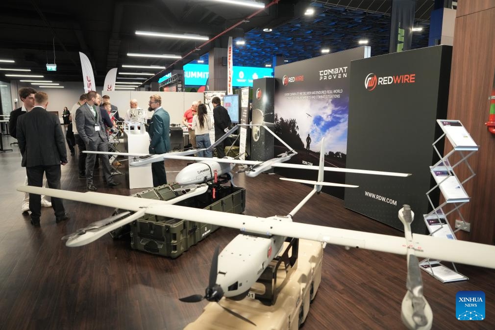 Drones are displayed during the Drone Summit 2026 in Riga, Latvia, May 27, 2026. (Photo: Xinhua)