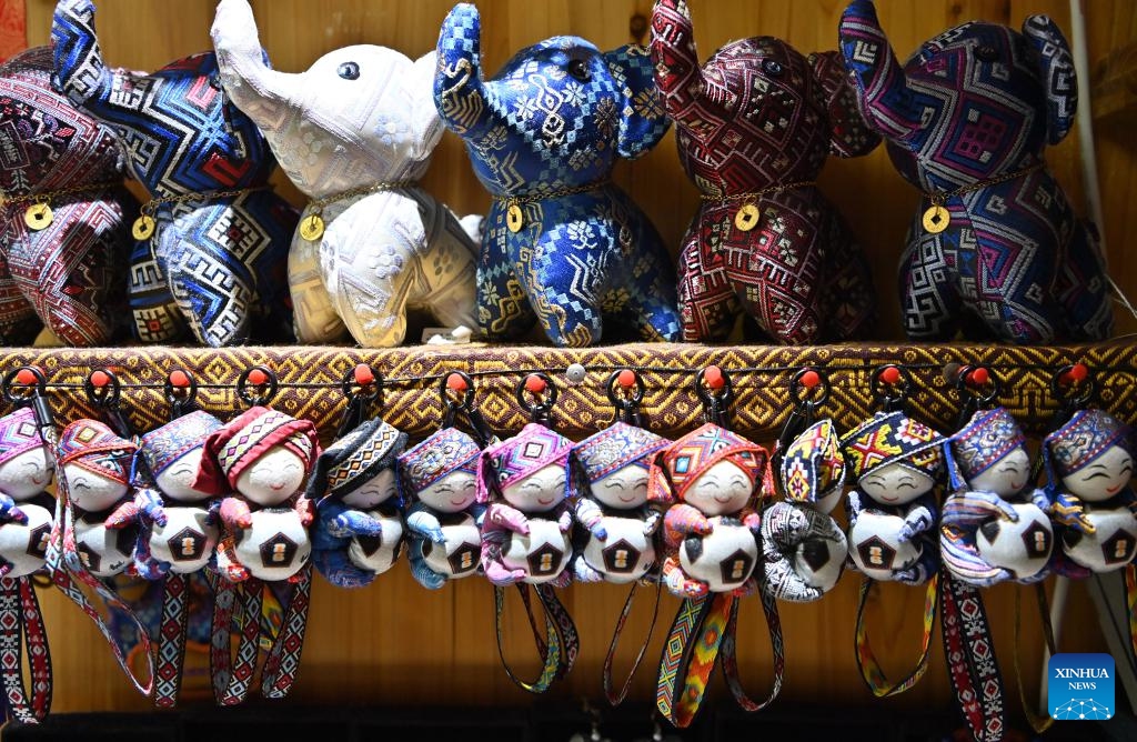 This photo taken on May 26, 2026 shows the handicrafts of Zhuang brocade at a studio in Nanning, south China's Guangxi Zhuang Autonomous Region. (Photo: Xinhua)