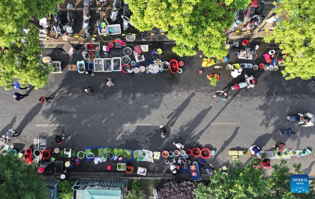 A drone photo taken on May 12, 2026 shows a roadside tidal market in Chaisang District of Jiujiang, east China's Jiangxi Province. Chaisang District in Jiujiang has found a clever way to tackle the classic conflict between street vendors and morning commuters by launching a flexible tidal market system. Under the system, vendors can use specific roadside areas from 6 a.m. to 8 a.m. without paying any charge, while keeping the streets clear for regular traffic during rush hours. (Photo: Xinhua)