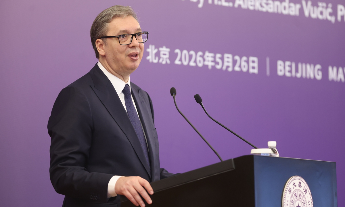 Serbian President Aleksandar Vucic delivers a speech at Tsinghua University in Beijing on May 26, 2026. Photo: VCG