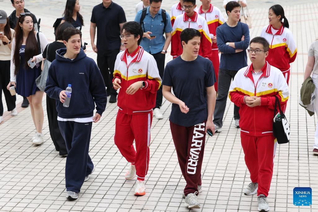 International students talk with local students at Guiyang No. 1 High School in Guiyang in southwest China's Guizhou Province, May 21, 2026. (Photo: Xinhua)