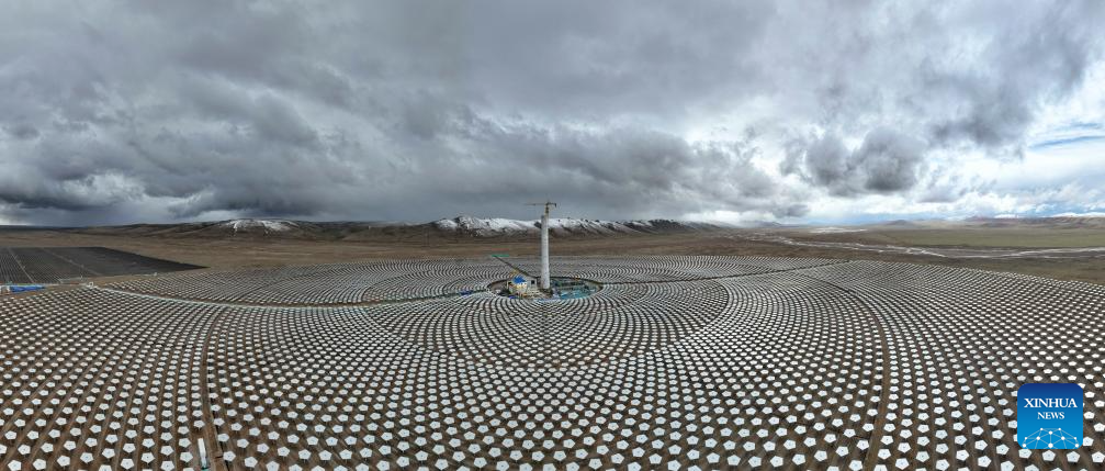 A stitched drone photo taken on May 27, 2026 shows a photovoltaic and photothermal hybrid project in Amdo County of Nagqu, southwest China's Xizang Autonomous Region. The year 2026 marks the 75th anniversary of the peaceful liberation of Xizang Autonomous Region in southwest China. In recent years, the region has stepped up its efforts to develop clean energy, aiming to achieve high-quality development. In 2025, the installed power generation capacity of clean energy in Xizang exceeded 13 million kW. An impressive 99 percent of the region's electricity came from clean energy, the highest in all of China. (Xinhua/Jigme Dorje)