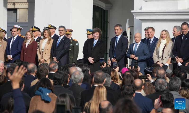 Argentine President Javier Milei (C) takes part in National Day celebrations at Plaza de Mayo in Buenos Aires, capital of Argentina, on May 25, 2026. (Photo: Xinhua)