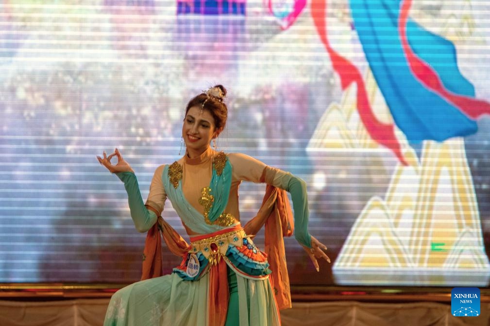 A contestant dances during the final of the 25th Chinese Bridge Chinese Proficiency Competition for Foreign College Students in Azerbaijan in Baku, Azerbaijan, May 25, 2026. The final of the 25th Chinese Bridge Chinese Proficiency Competition for Foreign College Students in Azerbaijan was held on Monday in Baku. (Photo: Xinhua)