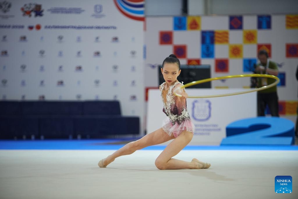 Ou Xuantong of China competes during the rhythmic gymnastics individual hoop match of the 10th China-Russia Summer Youth Games in Kaliningrad, Russia, May 26, 2026. (Photo: Xinhua)
