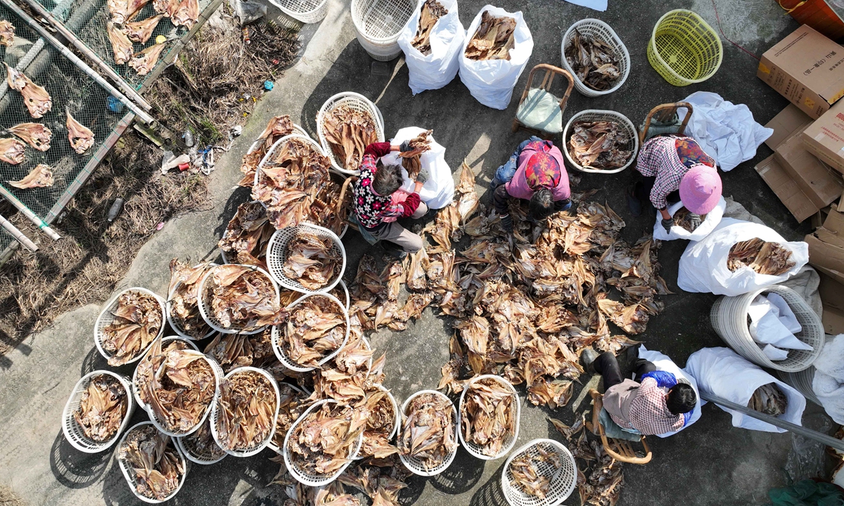 Fishers bag and pack dried fish at a drying ground in Zhoushan, East China's Zhejiang Province. Photo: VCG