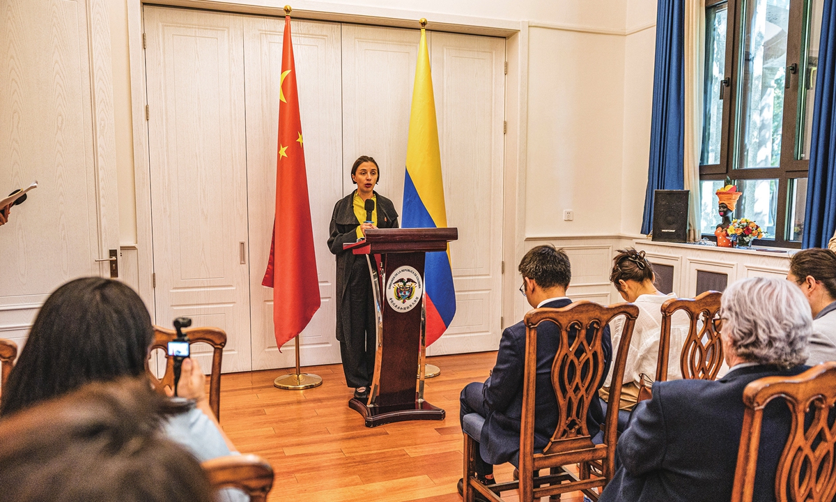 Martha Viviana Carvajalino Villegas, Minister of Agriculture and Rural Development of Colombia, speaks at a press conference at the Embassy of the Republic of Colombia in China on May 28, 2026. Photo: Li Hao/GT