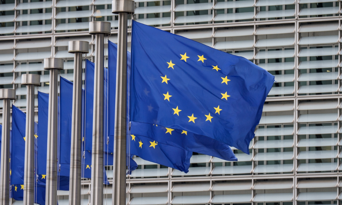 The European Union (EU) flags in front of EU headquarters in Brussels, Belgium. Photo: VCG