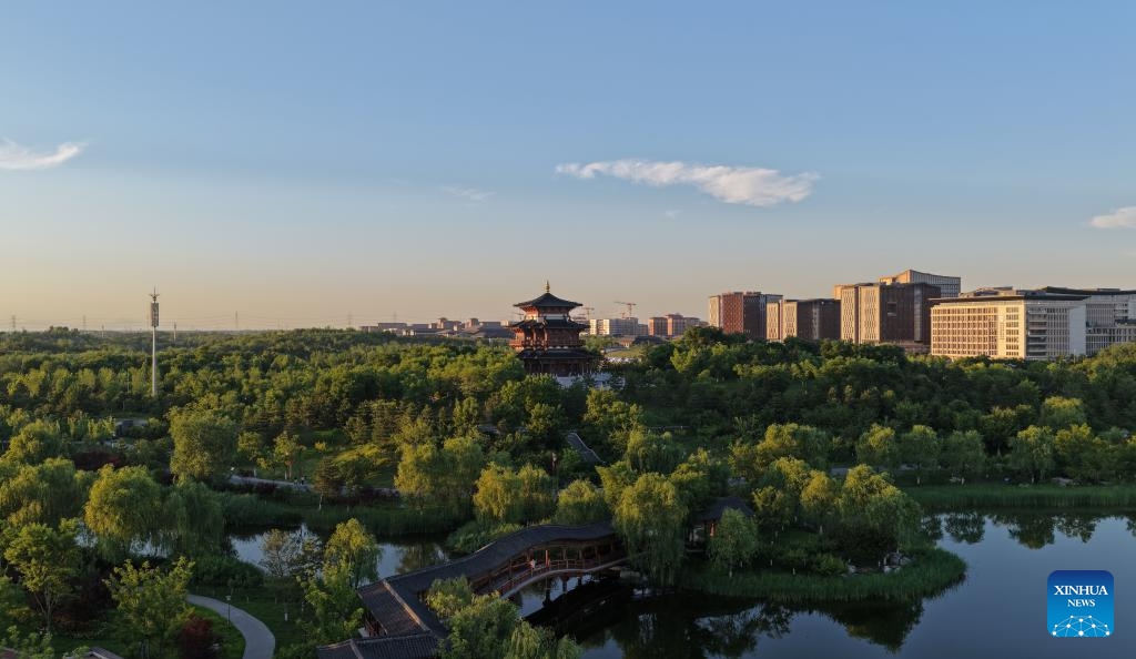 An aerial drone photo taken on May 28, 2026 shows the early summer scenery at the Yuerong Park in Xiong'an New Area in north China's Hebei Province. (Xinhua/Su Kaiyang)