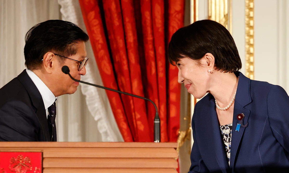 Philippine President Ferdinand Marcos Jr and Japanese Prime Minister Sanae Takaichi shake hands during a joint press conference at the Akasaka Palace State Guest House, on May 28, 2026, in Tokyo, Japan. Photo: VCG
