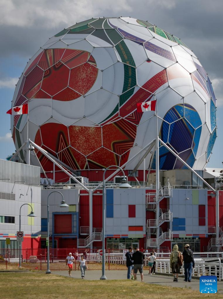The dome of Science World is seen being transformed into a giant official match ball of the FIFA World Cup 2026 ahead of the tournament in Vancouver, British Columbia, Canada, on May 29, 2026. (Photo: Xinhua)