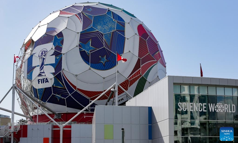The dome of Science World is seen being transformed into a giant official match ball of the FIFA World Cup 2026 ahead of the tournament in Vancouver, British Columbia, Canada, on May 29, 2026. (Photo: Xinhua)