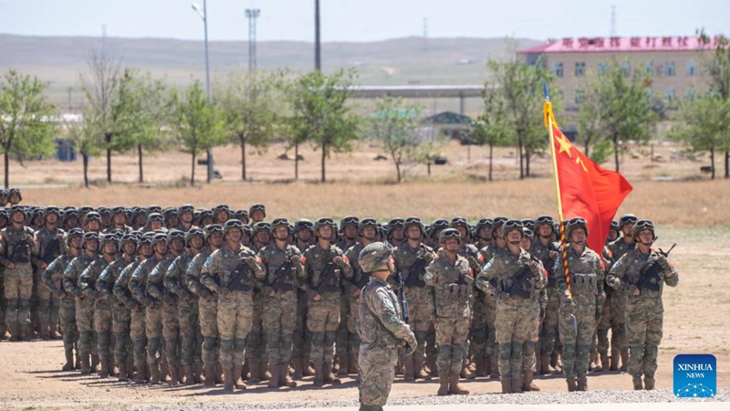 This photo taken on May 30, 2026 shows officers and soldiers from China during a joint army training exercise in north China's Inner Mongolia. China and Mongolia on Saturday launched a joint army training exercise, code-named Steppe Partner 2026, in north China's Inner Mongolia. (Photo by Hu Zongbo/Xinhua)