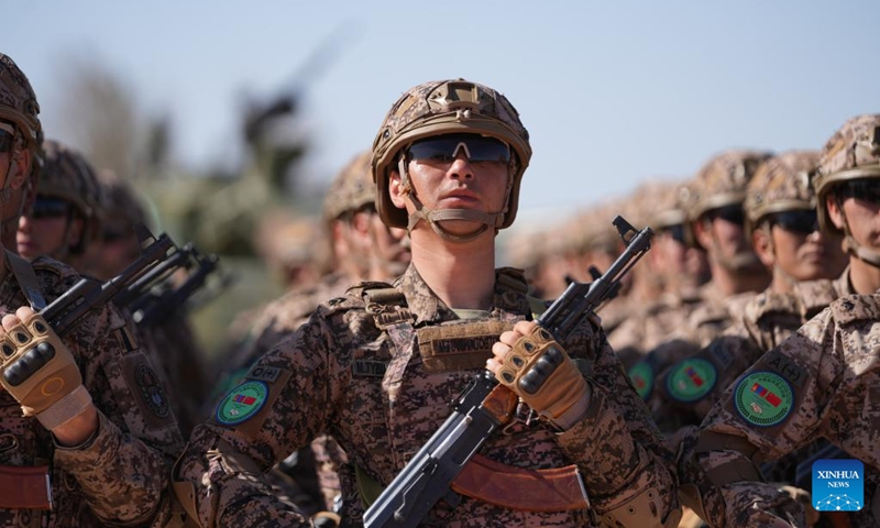 This photo taken on May 30, 2026 shows officers and soldiers from Mongolia during a joint army training exercise in north China's Inner Mongolia. China and Mongolia on Saturday launched a joint army training exercise, code-named Steppe Partner 2026, in north China's Inner Mongolia. (Photo by Sun Jiaqian/Xinhua)