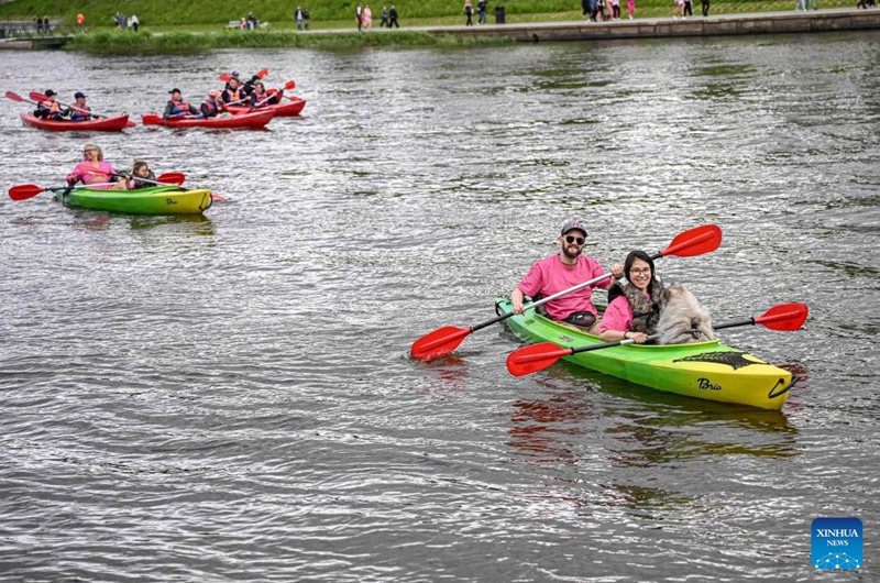 People take part in the Vilnius Pink Soup Fest in Vilnius, Lithuania, on May 30, 2026. Thousands of residents and tourists joined the annual event here on Saturday celebrating Lithuania's iconic summer dish, saltibarsciai (cold beet soup) with parades, concerts, sports activities, and other cultural events. (Photo by Alfredas Pliadis/Xinhua)