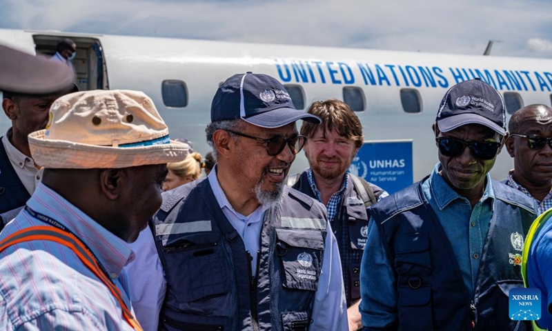 World Health Organization (WHO) Director-General Tedros Adhanom Ghebreyesus (C) arrives in Bunia, the capital of Ituri Province in the Democratic Republic of the Congo, May 30, 2026. Tedros on Saturday called on countries that have imposed travel bans or closed borders in response to the Ebola outbreak in the Democratic Republic of the Congo and Uganda to reconsider such measures. (Xinhua)