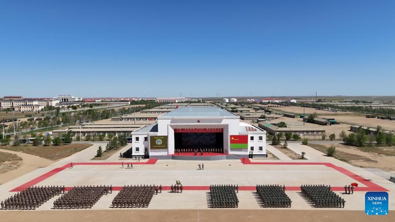 An aerial drone photo taken on May 30, 2026 shows a scene of the launching ceremony for a joint army training exercise of China and Mongolia held in north China's Inner Mongolia. China and Mongolia on Saturday launched a joint army training exercise, code-named Steppe Partner 2026, in north China's Inner Mongolia. (Photo by Du Jiajie/Xinhua)