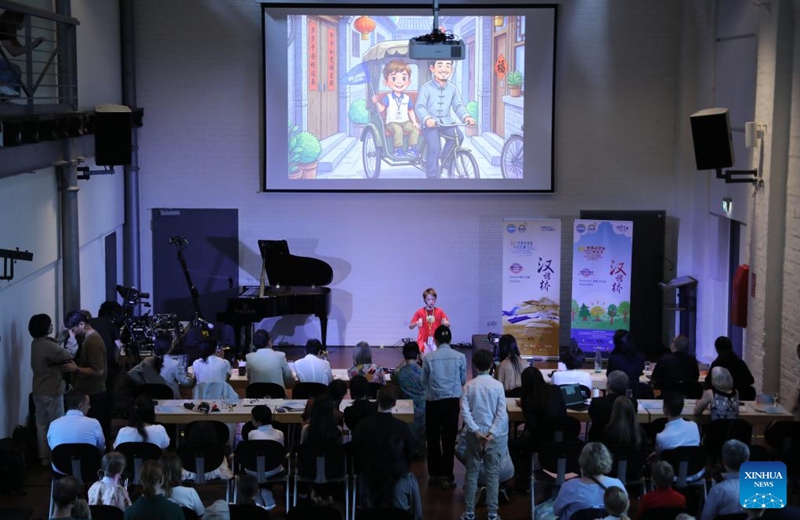 A contestant participates in the 19th Chinese Bridge Chinese Proficiency Competition for secondary school students and the 6th Chinese Bridge Show for primary school students in Hannover, Germany, on May 30, 2026. The German finals of the 19th Chinese Bridge Chinese Proficiency Competition for secondary school students and the 6th Chinese Bridge Show for primary school students were held here on Saturday. (Xinhua/Du Zheyu)