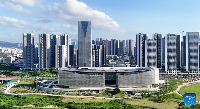 An aerial drone photo taken on May 25, 2026 shows a view of the Shenzhen International Museum of Art in Shenzhen, south China's Guangdong Province. The museum officially opened to the public on Saturday. Photo: Xinhua