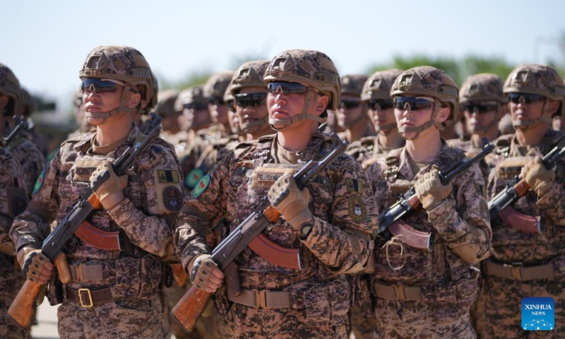 This photo taken on May 30, 2026 shows officers and soldiers from Mongolia during a joint army training exercise in north China's Inner Mongolia. China and Mongolia on Saturday launched a joint army training exercise, code-named Steppe Partner 2026, in north China's Inner Mongolia. (Photo by Wang Rugang/Xinhua)