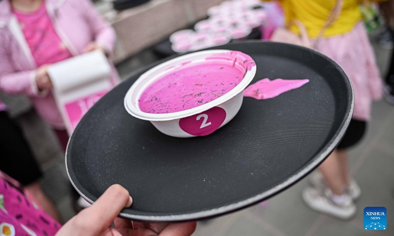 Lithuania's traditional cold beet soup is seen during the Vilnius Pink Soup Fest in Vilnius, Lithuania, on May 30, 2026. Thousands of residents and tourists joined the annual event here on Saturday celebrating Lithuania's iconic summer dish, saltibarsciai (cold beet soup) with parades, concerts, sports activities, and other cultural events. (Photo by Alfredas Pliadis/Xinhua)