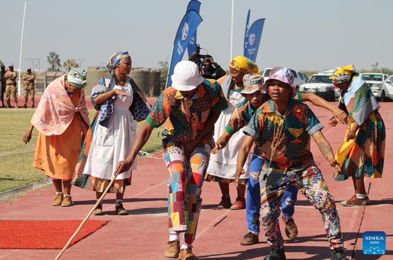 People perform during the Oshakati Totem Expo 2026 at Oshakati Independence Stadium in northern Namibia's Oshana Region, May 29, 2026. The expo, featuring cultural performances, clan and totem displays, traditional food, business stalls, beauty pageants and sporting activities, showcases the lineages and heritage of Namibia's indigenous communities while attracting exhibitors and visitors from across the country. (Photo by Ndalimpinga Iita/Xinhua)