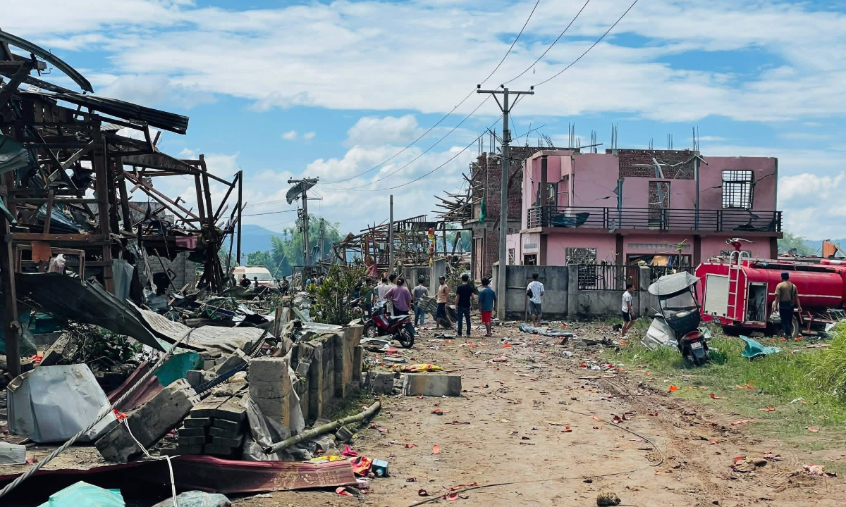 A major explosion strikes Namkham Township in northern Shan State, Myanmar, on May 31, 2026. Photo: Screenshot from CCTV