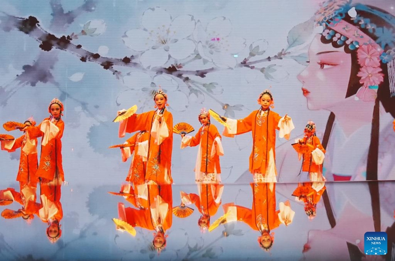 Children perform Peking opera at a conference center in Hengyang, central China's Hunan Province, May 30, 2026. Various events are held across the country to celebrate the upcoming International Children's Day. (Photo by Cao Zhengping/Xinhua)